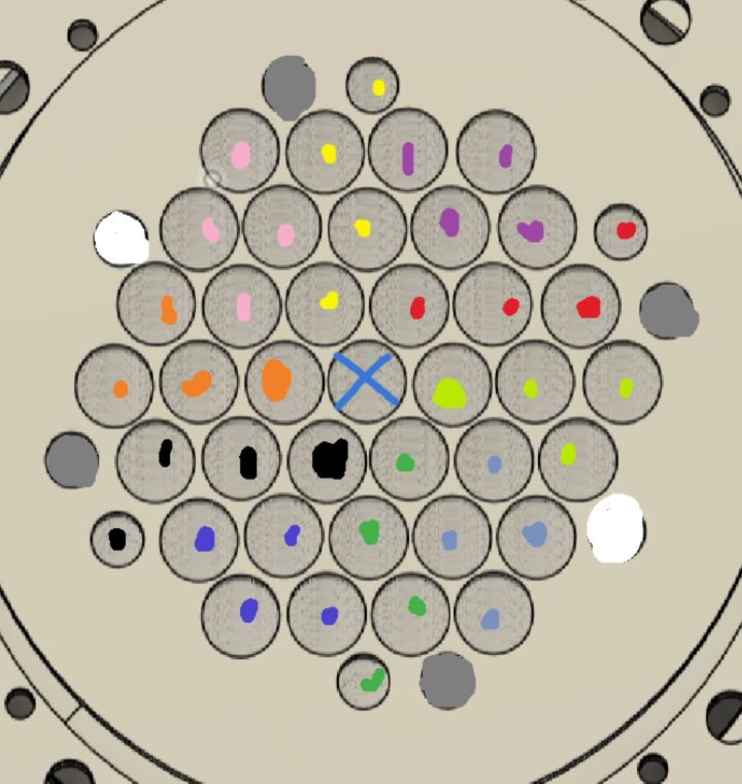 Color-coded map of cable positions in the center stack